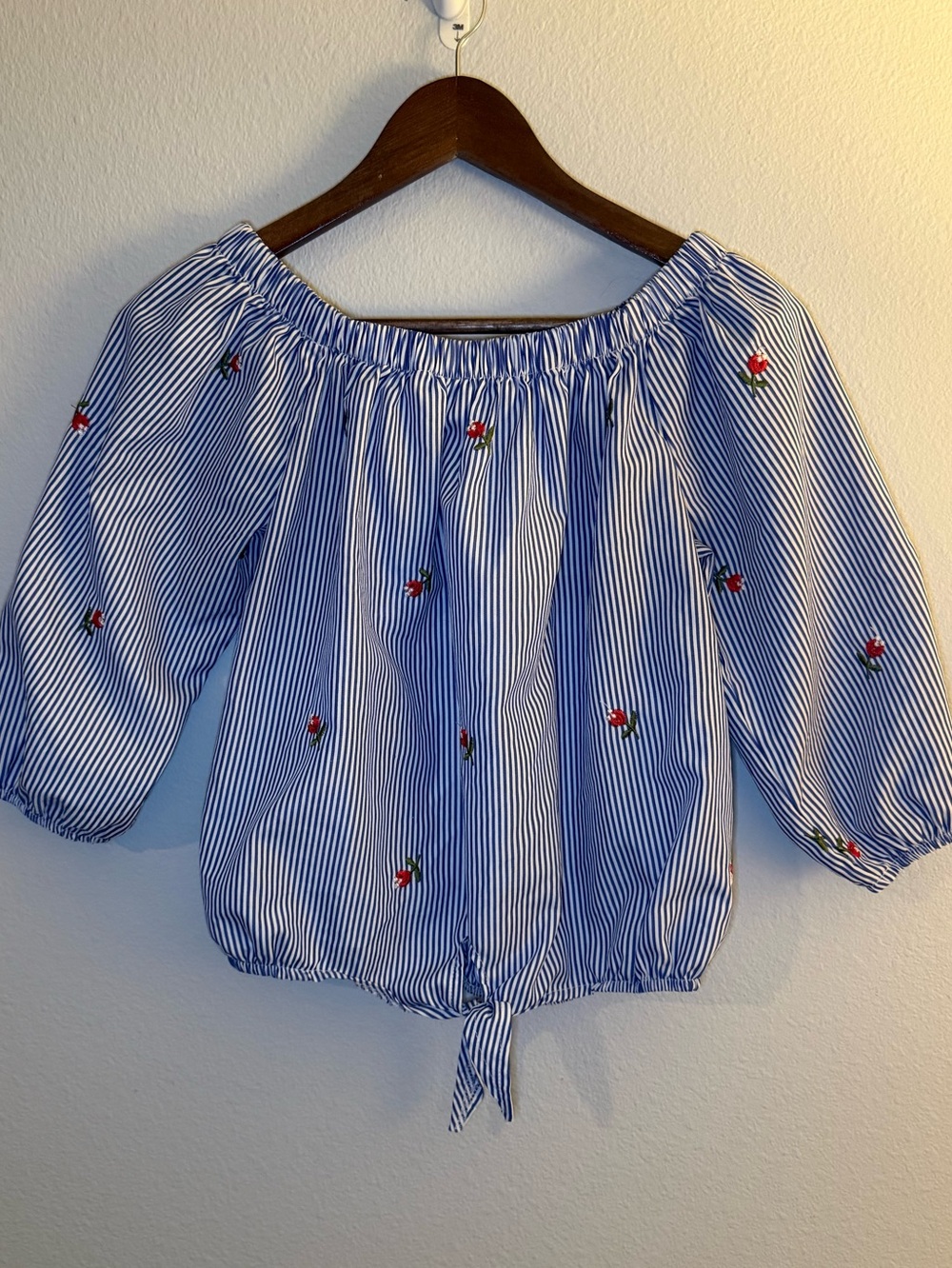 Blue Striped Off-Shoulder Top with Cherry Motif
